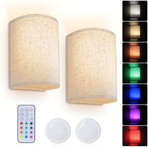 Wall Sconce Lighting Decor, Battery Rechargeable Wall Sconce Set of 2 with Fabric Shade Remote Control, 16 RGB Colors Changeable Dimmable Wall Lamp Fixtures for Bedroom Living Room Hallway