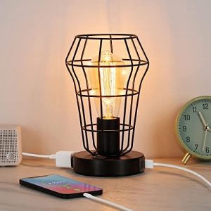 USB Table Lamp Small Vintage Desk Lamp with 1 AC Outlet and Dual USB Charging Ports, Edison Nightstand Lamp with Rocker Switch for Home Lighting Decor – Bulb Not Included
