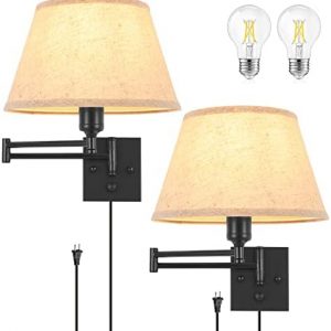 TRLIFE Dimmable Wall Sconce Plug in, Wall Sconces Set of Two Swing Arm Wall Lights with Plug in Cord and On/Off Dimmer Rotary Switch, 11.8″ Large Beige Fabric Shade(2 Pack, 2 Bulbs Included)