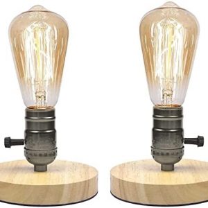 Bonlux 2 Packs Industrial Table Lamp Base Wood E26/E27 Edison Bulb Lamp Wood Lamp Base with Plug in Cord Small Table Lamp