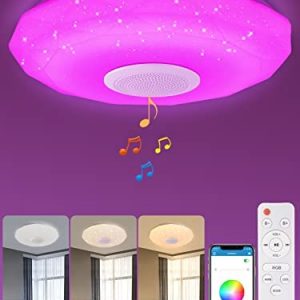 Led Flush Mount Music Ceiling Light with Bluetooth Speaker 18W Smart Modern Lamp for Bedroom Kitchen Living Kids Room Dimmable RGB Color Changing Overhead Lighting Fixture with Remote and APP Control