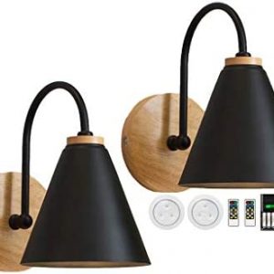 civaza 2-Pack Wall Light Bedside Lamp,Led Remote Control Battery Operated Indoor Wireless Black Wall Sconce Light Fixture for Bedroom Bathroom Loft Wall Decor- (Includes Battery Charger) A-9