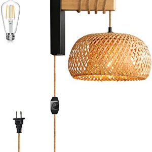 Plug in Wall Sconces,Wall Lamp with Plug in Cord and Dimmable Switch,Rattan Wall Sconces With Wood Arm and Hemp Rope Cord,Wall Lights for Bedroom Living Room,Wall Mounted Lamp Litht,No Wiring Required