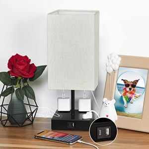 Upgraded Sailstar Table Lamp with USB C+A Charging Ports & 2AC Outlets, Beige Bedside Lamp for Bedroom, 3 Way Dimmable Touch Lamp, Small Space Nightstand Lamp for End Table, Bulb Included