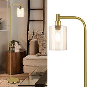 Anern Industrial Floor Lamp, Modern Standing Lamp with Hanging Glass Shade, Farmhouse Reading Pole Light for Living Room Bedroom Office(Gold)