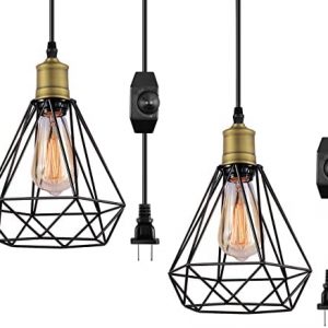 Pynsseu 2 Packs Black Plug in Pendant Light Industrial Cage Hanging Light for Bedroom ,Living Room and Kitchen