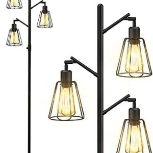 LEPOWER Floor Lamps for Living Room, Dimmer Industrial Standing Lamp with 90° Adjustable Metal Lamp Head, 3pcs LED Edison Bulbs, 69″ Tall Rustic Floor Lamp for Bedroom, Office, Farmhouse, Home, Black