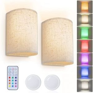 Battery Rechargeable Wall Sconce with Fabric Shade Remote Control, Wall Sconce Lighting Decor Set of 2 RGB Colors Dimmable Wall Lamp Fixtures for Bedroom Hallway Stairway Living Room