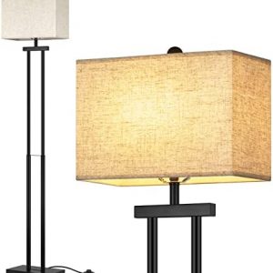 Contemporary Floor Lamp for Living Room, Black Standing Lamp with Foot Switch, Farmhouse Modern Tall Lamp with Fabric Shade and Dual Poles, Minimal Reading Floor Lamp for Bedroom Office Nursery