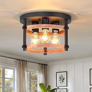 3-Light Flush Mount Ceiling Light Fixture Rustic Black Metal Ceiling Lights Oak Wood and with E26 Farmhouse Ceiling Lamp for Kitchen Island Bedroom Dining Room Bathroom Entrance