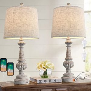 PORTRES 25.75” Traditional 3-Way Dimmable Table Lamp Set of 2 for Living Room Bedside Nightstand Lamps with 2 USB Charging Ports for Bedroom Kids Room Rustic Table Lamps (2 Bulbs Included)