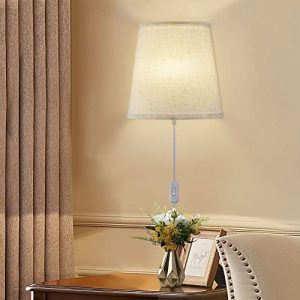 OKOOI Bedroom Light sconces Wall Decor ,Fabric lampshade Modern Wall sconces Rustic Wall sconces ，Wall lamp with Plug in Cord Stationary,Hallway Plug in Wall lamp Neutral Light