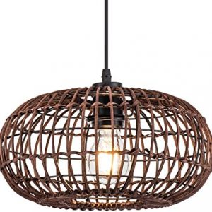 Boho Beachy Woven Rattan Pendant Light, 11.8” Brown Handwoven Ceiling Pendant Lighting for Kitchen Dining Room Bedroom