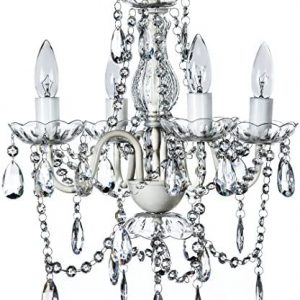 The Original Gypsy Color 4 Light Crystal White Hardwire Flush Mount Chandelier H17.5”xW15”, White Metal Frame with Clear Glass Stem and Clear Acrylic Crystals & Beads That Sparkle Just Like Glass
