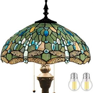 WERFACTORY Tiffany Floor Lamp Sea Blue Stained Glass Dragonfly Standing Reading Light 16X16X64 Inches Antique Pole Corner Lamp Decor Bedroom Living Room Home Office S147 Series