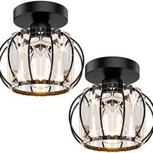 2-Pack Semi Flush Mount Ceiling Light Fixtures Small Crystal Ceiling Lights Farmhouse Black Metal Cage Ceiling Lights Indoor Industrial Light Fixture for Living Room Hallway Bathroom Entryway Kitchen