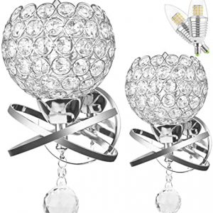 2 Pack Oversize Crystal Wall Lights Bulb Included, ONEVER Bedside Wall Lamp Sconce for Home Decor with E14 Socket, Crystal Wall Sconces Set of Two, Silver Wall Lights for Bedroom Living Room Hallway