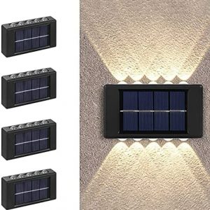 10 LED Solar Wall Light UP Down,4 Pack Illuminate Outdoor Sunlight Sensor Lamp, IP65 Waterproof Modern Nordic Style Decorative Lighting for Home Garden Porch, Warm White