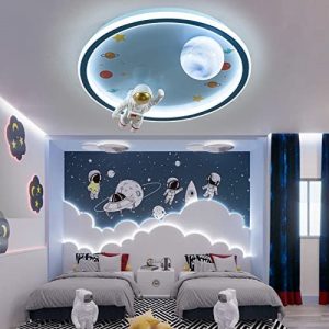 O’NEELDY Modern Cartoon Astronaut Ceiling Light LED Flush Mount Ceiling Lamps Chandeliers 3-Lights Dimmable Blue Planet Close to Ceiling Lighting Fixtures for Kids Room, Children’s Room – 20”/55W