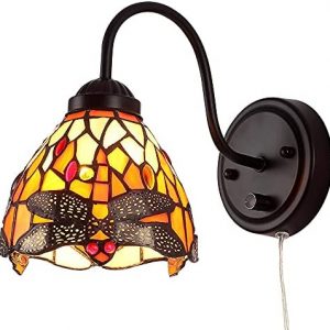 Tiffany Bedside Wall Mount Lamp with Dimmable Switch, Industrial Vintage Gooseneck Wall Sconce with Plug in Cord, Dragonfly Stained Glass Shade Wall Light Perfect for Bedroom, Living Room and Hotel