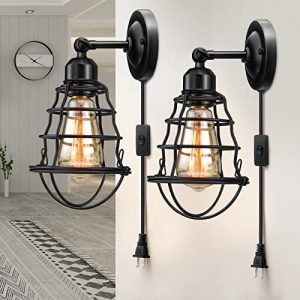 Plug in Wall Sconces 2pack, Industrial Wall Lamp with Plug in Cord, Farmhouse Wall Sconces, Wire Cage Wall Sconce, Vintage Wall Mounted Lamp, Plug in Wall Lighting Sconce, Black