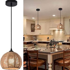 Woven Pendant Light Boho Chandelier Dome Rustic Farmhouse Chandelier Hemp Rope Light Rattan Light Fixture for Dining Room Living Room Bedroom Kitchen Foyer(Bulb Included)
