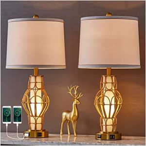 Rustic Farmhouse Table Lamps with Night Light Set of 2 , Wicker Bedside Lamp with USB Ports ,Warm Gold + White Finish and Round Shade ,Bedside lamp for Living Room Bedroom Home Office