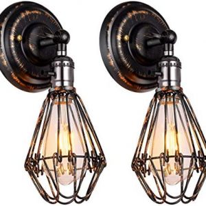 Industrial Wall Sconce, CHICLUX 2 Pack Rustic Metal Wire Cage Wall Lamp Fixture with On/Off Switch for Bedroom Farmhouse Barn Porch, Oil Rubbed Bronze Finish