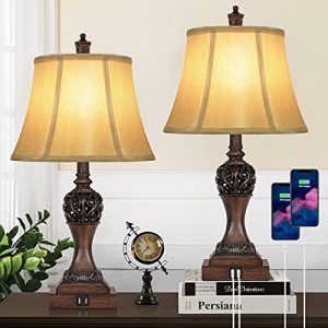 Set of 2 Touch Control 3-Way Dimmable Table Lamps with 2 USB Charging Ports Traditional Bedside Lamps with Bell Shape Faux Silk Shade & Brown Base for Bedroom Nightstand Living Room LED Bulbs Included