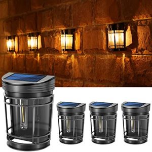 Bridika Solar Wall Lights Outdoor, Solar Outdoor Wall Lights Solar Fence Lights Outdoor Waterproof LED Solar Lights Decorative for Fence, Patio, Porch, Decks, Backyard, 3000K Warm White Light, 4 Pack