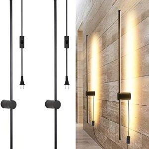 Ditoon Modern Plug in Wall Sconce Set of 2 LED Black Wall Lights with Plug in Cord On/Off Switch 39 3/8 inches Warm White Wall Mounted Deco Lamp for Living Room Bedroom(2-Pack)