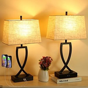 Table Lamps for Bedrooms Set of 2 Modern – 3-Way Dimmable Touch Lamps for Nightstand, Living Room Lamps Set of 2 with 2 USB Ports, Farmhouse Bedside Lamps for Hotel, LED Bulbs Included