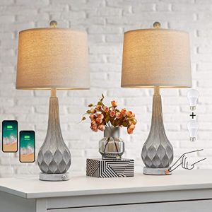 PoKat 3 Way Dimmable Touch Table Lamp Sets of 2 for Living Room Bedroom Rustic Farmhouse Bedside Lamp with Dual USB Ports Bulb Included Grey
