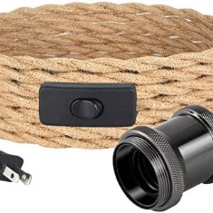 Industrial 16.4ft Pendant Light Cord – Hanging Light Kit with Switch Plug in Vintage Fabric Lamp Cord with Twisted Hemp Rope Pendant Lights Socket Set E26 E27 for Pendant Lamp Cable DIY (Black)