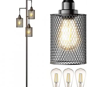 addlon LED Industrial Floor Lamp for Living Room Farmhouse Rustic, with 3 Cage Heads Lights and 3 Edison LED Bulbs, Standing Tall Vintage Tree Lamps for Bedroom and Office – Black