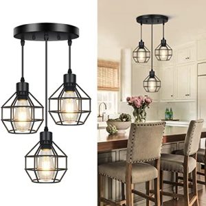 Farmhouse 3-Light Pendant Light Fixtures, Fadimikoo Adjustable Industrial Hanging Pendant Lighting for Kitchen Island, Vintage Black Metal Cage Pendant Ceiling Lamp for Dining Room Bedroom