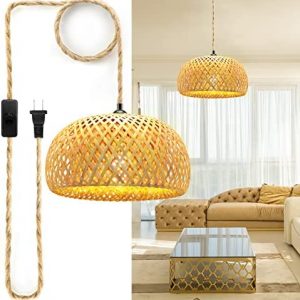 Plug in Pendant Light, 3 Color Bulb Pendant Light Fixtures, Hanging Light with 15 Ft Hemp Rope Cord On/Off Switch, Bamboo Lamp Shade Wicker Rattan Hanging Lights Fixture for Bedroom, Kitchen Island