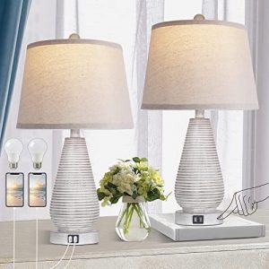 Table Lamps for Bedrooms Set of 2, Touch Bedside Lamp with 2 USB Ports, Grey Farmhouse Lamps for End Table, Nightstand Lamp with Linen Shade for Side Table, Vintage Lamp with 2 Bulbs for Living Room