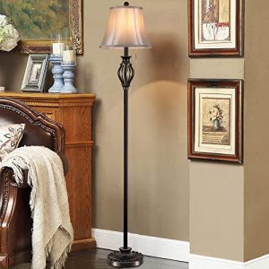 LINNMON Floor Lamp, Corner Standing Lamp, Vintage Pole Lamp with Light Golden Fabric Shade, Rustic Tall Stand Up Lamp for Living Room, Bedroom, Office, Bright Floor Lamp with Pull Switch (Traditional)