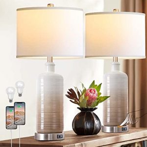 Ceramic Table Lamps Set of 2 with Dual USB Charging Ports, 3-Way Dimmable Touch Control Bedside Lamps for Bedroom Living Room, Contemporary Nightstand Lamps with White Linen Drum Shade Bulbs Included