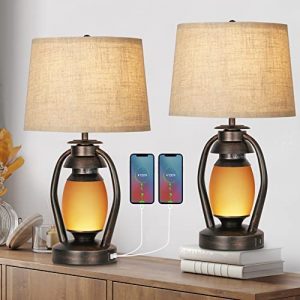 Suraielec Lantern Table Lamps Set of 2, Rustic Lamp with Dimmable Night Light and USB, Farmhouse Decor for Living Room, Bedroom, Nightstand, End Table, Oil Rubbed Bronze Finish