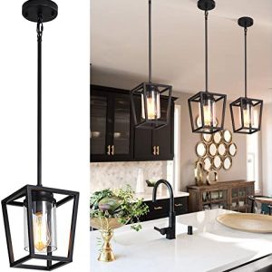 1 Pack SGLfarmty Pendant Lighting for Kitchen Island, Cage Hanging Light Fixtures, Black Pendant Lights with Durable Glass Shade for Dining Room & Kitchen,Black