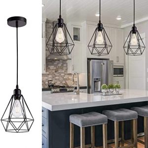Cage Pendant Light Black Hanging Light Fixture E26 Base Vintage Metal Cage Pendant Fixtures Hanging Lights, Perfect for Kitchen Island Dining Room Hallway Interior