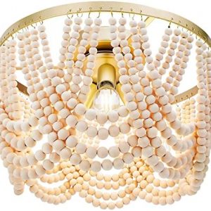 3-Light Boho Wood Beaded Chandelier Light Fixture, Gold and Oak Finish Semi Flush Mount Ceiling Light for Nursery Room, Girl Room, Kids Room, Bedroom, Hallway, Entryway, Passway