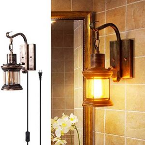 Rustic Wall Light, 2-in-1 Antique Bronze Vintage Wall Light Fixture Hardwired Plug in Industrial Glass Shade Lantern Lighting Retro Lamp Metal Wall Sconce for Home Bedroom Dining Room café(1 Pack)