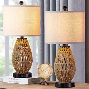 CINSARY Touch Control Rattan Table Lamps, 3 Way Dimmable Bedside Lamps for Bedroom Set of 2 with 2 USB Ports and AC Outlet, Wicker Nightstand Lamps for Living Room Home Office (2 LED Bulbs Included)