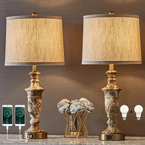 Coffee Marble Finish Touch Control Bedside Table Lamp Set of 2 with Round Shade 5V/2A USB Charging Ports Lamp for Living Room Reading Room Bedroom Home Office