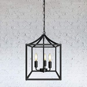 Black Farmhouse Pendant Light , Lantern Cage Chandelier, Industrial Kitchen Light for Foyer, Dining Room, Kitchen Island, Bedroom (15”x11”, 3-Light)