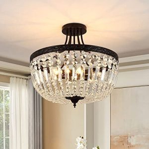 Semi Flush Mount Round Crystal Ceiling Light Fixture, Modern Chandelier Ceiling Lamp, Black Ceiling Light Perfect for Living Room Dining Room Entryway