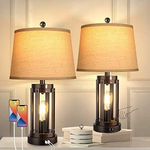 Set of 2 Table Lamps with USB Ports, 3-Way Dimmable Farmhouse Touch Lamps, Bedside Lamp for Bedroom with AC Outlet, Modern ORB Nightstand Lamps Desk Lamp for Living Room Reading, Bulbs Included